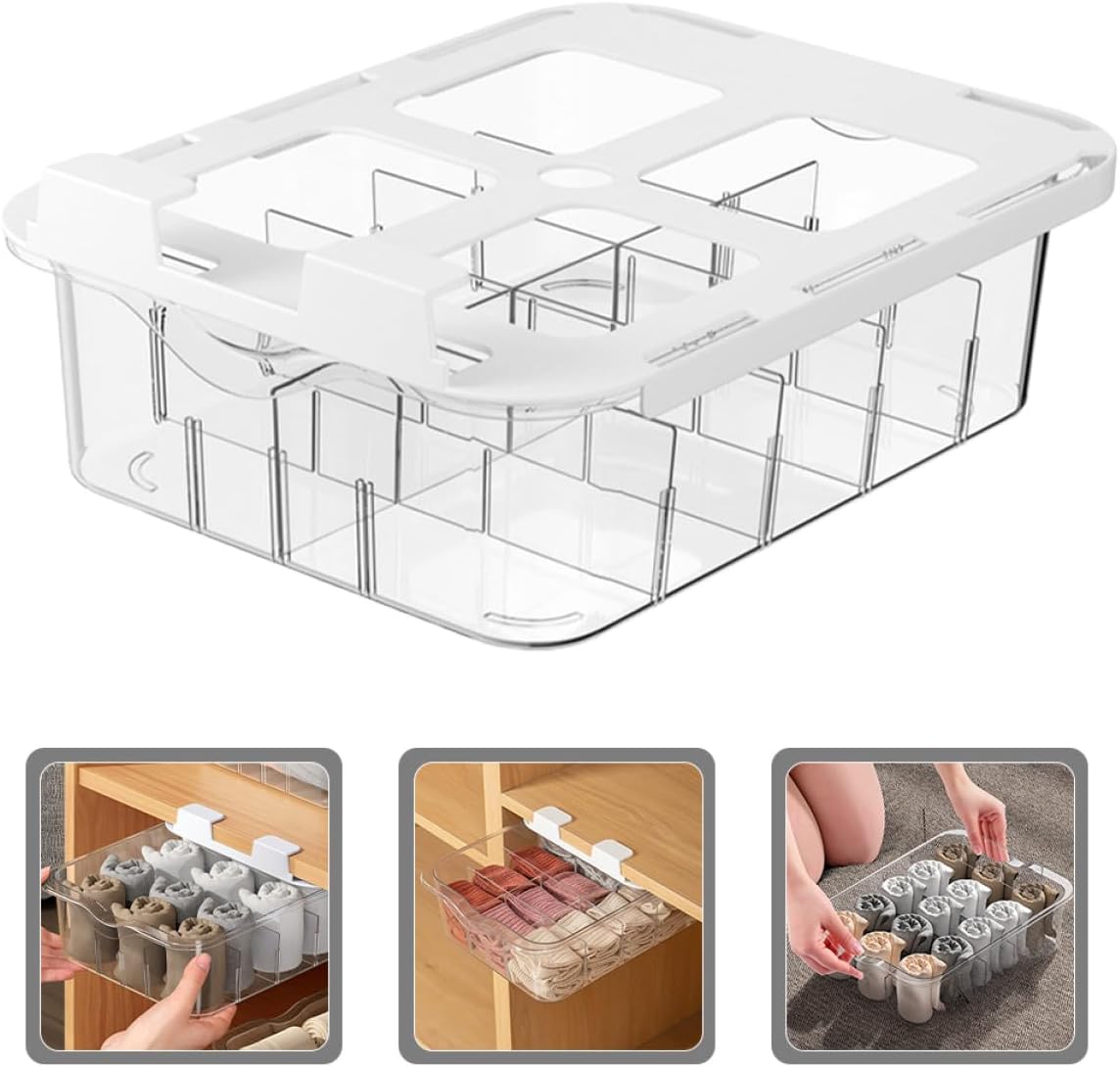Wardrobe Drawer Sock Organizer with 15 Compartments, Adhesive under Shelf Storage Box for Underwear and Socks, Dustproof Clothing Organizer for Bedroom Closet