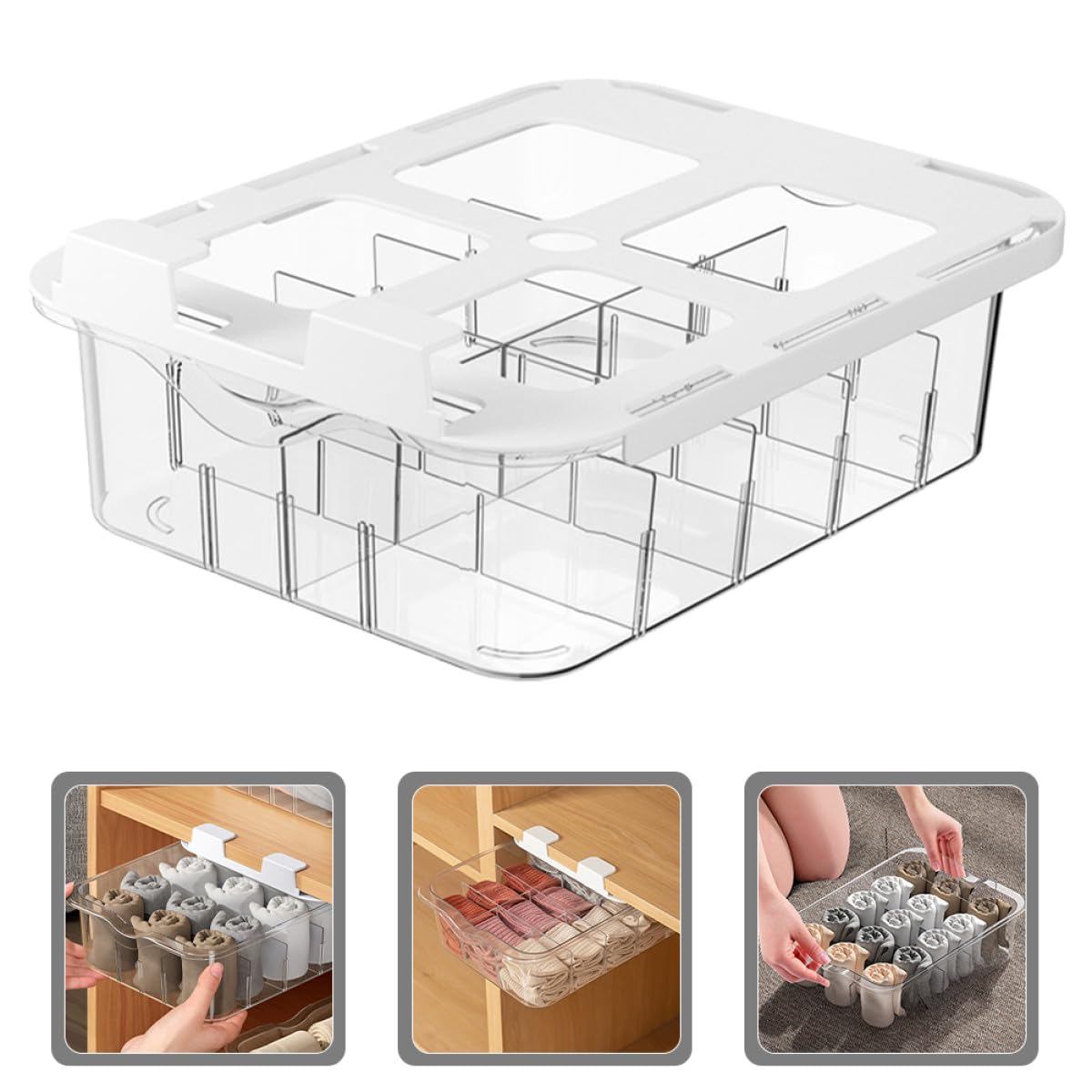 ibasenice Organisateur de sous-Vêtements et Chaussettes Transparent 15 Compartiments, Plastique Résistant, Autocollant, pour Rangement de Dressing et Tiroirs Profonds