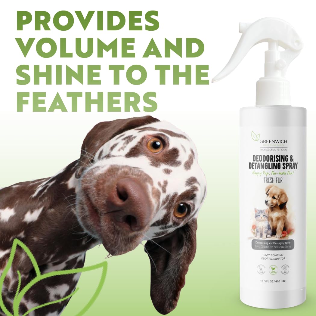 Greenwich 100% Vegan Entfilzungsspray & Deo Hunde Katzen 400 ml, Fellpflegespray, Sanfte Formel Welpen, Anti Filz Entwirrungsspray, Fellspray, pH-Wert