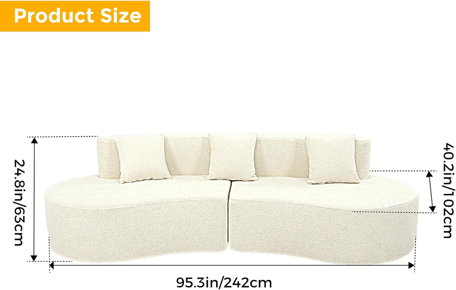 ITEFDTUTNE Curved Sofa 95.3” Modern Cloud Sectional Couch with 3 Throw Pillow 4 Seater Modular Boneless Couches for Living Room, Office Apartment No Assembly Required