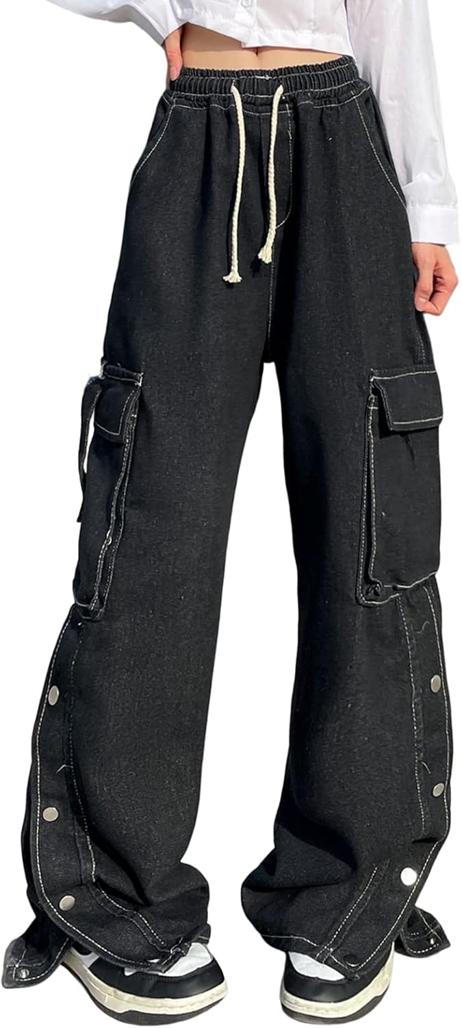 Baggy Jeans for Women High Waist Y2K Boyfriend Casual Loose Wide Leg Drawstring Cargo Pants with Pockets