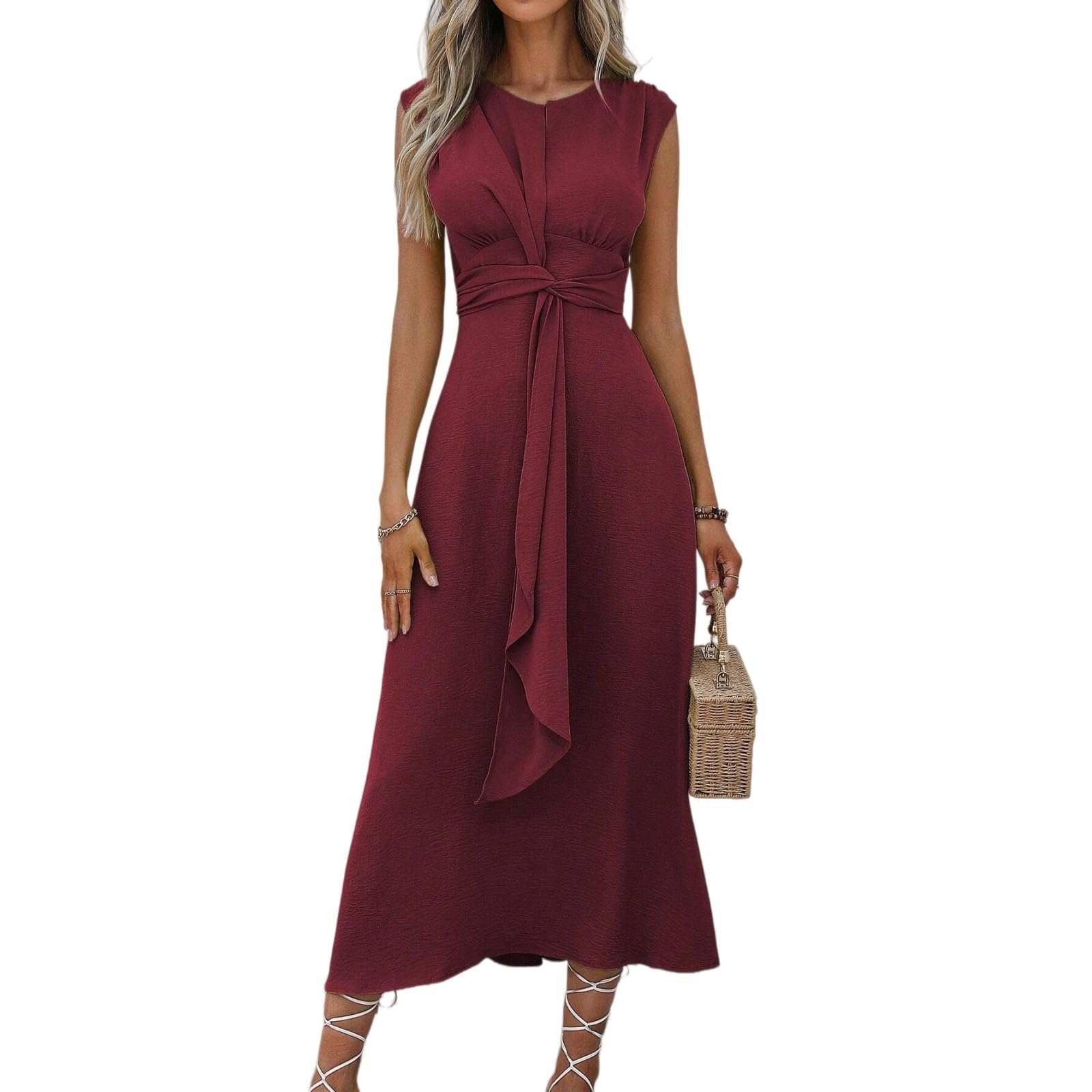 Vestito Abito da Donna A-Line Midi - Senza Maniche, Cinturine Anteriori Sottili, Design A Cintura, Perfetto per l'Abbigliamento Estivo Casual E Serale-Blue-m