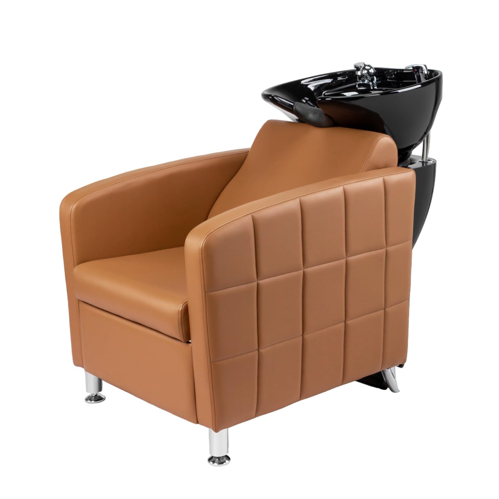 OmySalon Salon Shampoo Bowl and Chair, Extra Wide Seat & Porcelain Hair Washing Sink, Shampoo Unit for Beauty Spa Barbershop, Camel