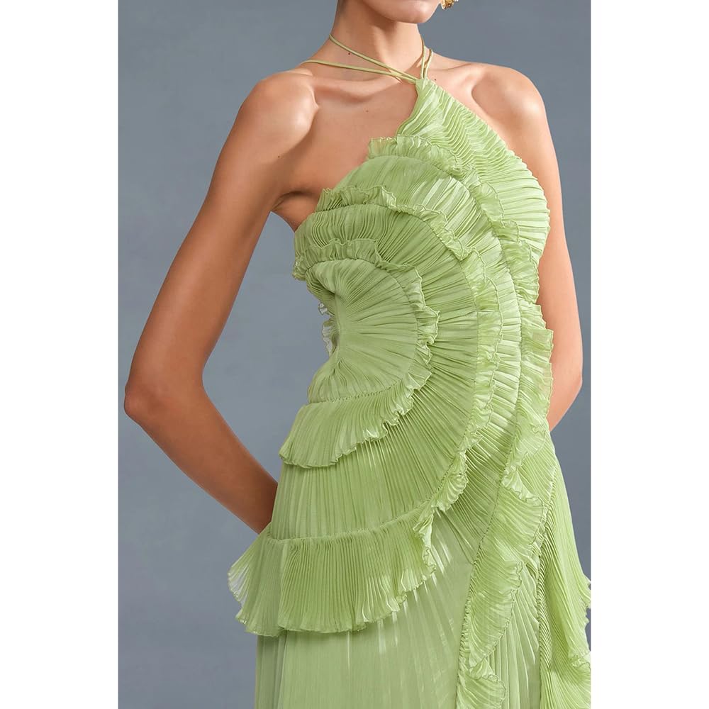 Vestido Largo De Verano Mujer Volantes Elegante Vestido Casual Plisado, Vestidos Maxi Sin Mangas Cuello Halter Playa Capas Irregulares Vestidos Cóctel Bohemio Plisado Corte A Fluido