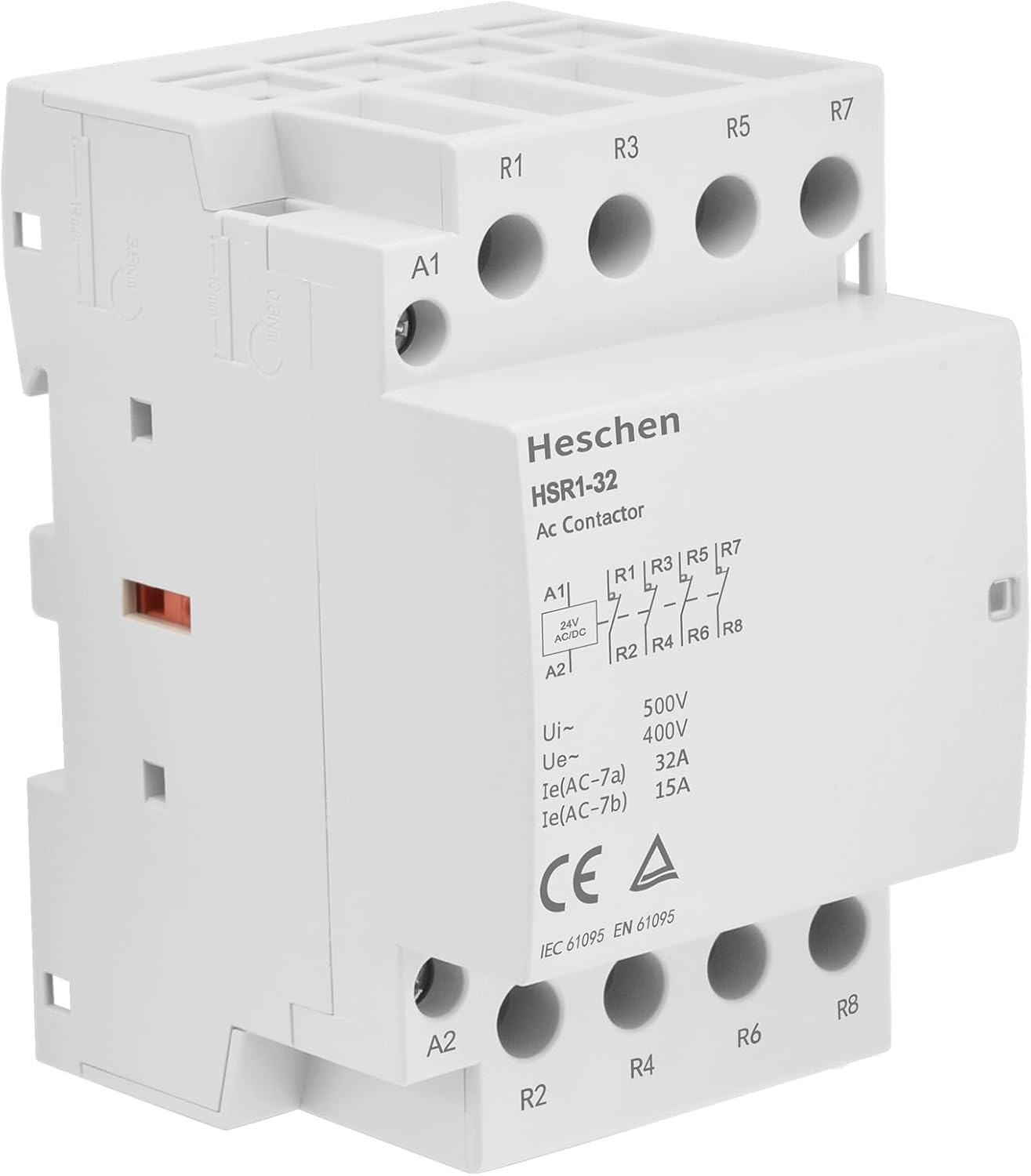 Heschen Household AC Contactor, HSR1-32, Ie 32A, 4 Pole, Four Normally Closed, AC/DC 24V Coil Voltage, 35mm DIN Rail Mount, TUV Listed