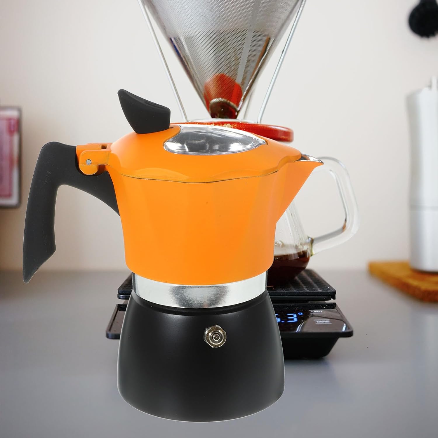 VANZACK Mocha Coffee Maker Espresso Coffee Pot 150ml Stovetop Hand Brewing Black and Orange for Home Use