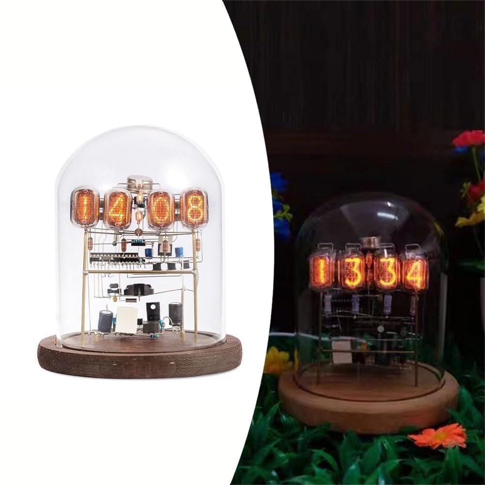 Zoegneer IN12 Nixie Kit d'horloge à tube à monter soi-même avec verre et base en bois, affichage LED de style rétro, rétroéclairage RVB 24 heures, alimenté par USB avec batterie intégrée, heure élevée