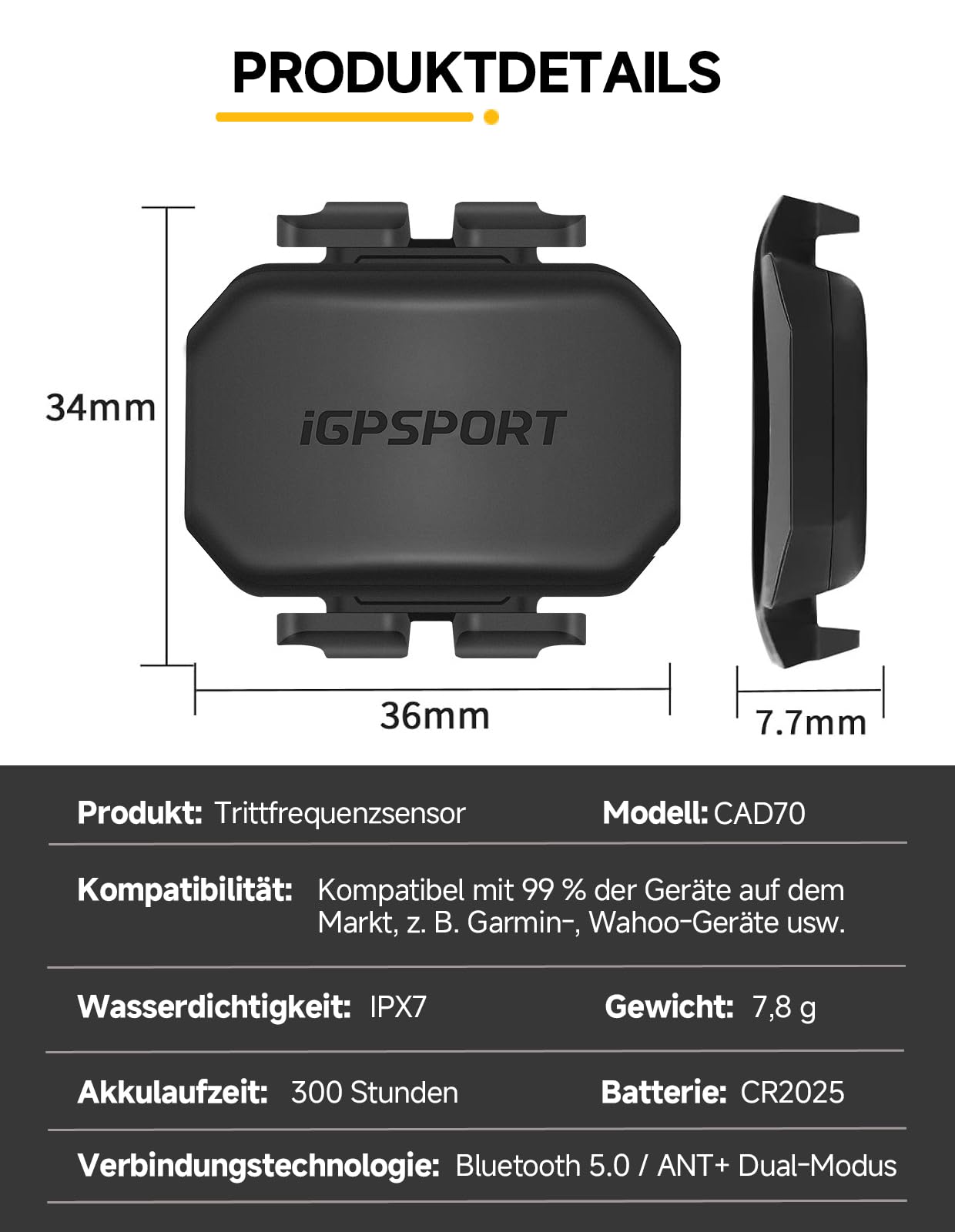 iGPSPORT SPD70 Fahrrad Geschwindigkeitsmesser/CAD70 Fahrrad Trittfrequenzsensor, 300 Stunden Akkulaufzeit, Bluetooth 5.0 ANT+, IPX7