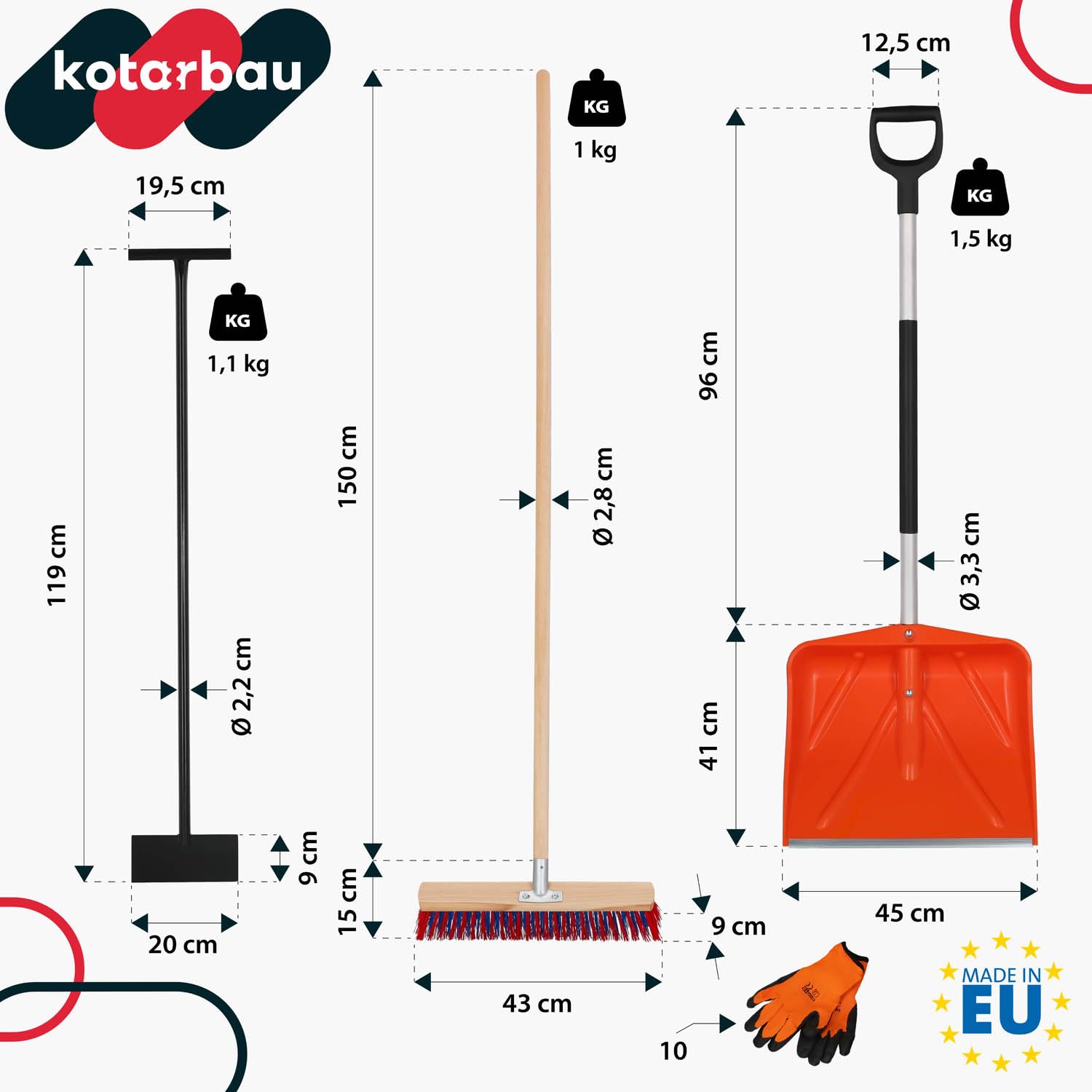 KOTARBAU® Set pala da neve con manico in alluminio, 137 cm, scopa da strada con manico 150 cm, raschietto per ghiaccio 119 x 20 cm + guanti pala da neve, pala da neve, manico in alluminio per la
