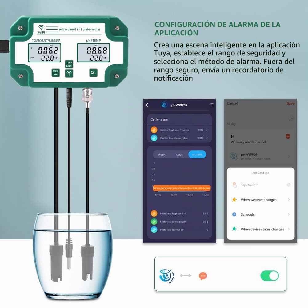 Probador de calidad del agua 6 en 1 WiFi Multiparámetro Monitor de calidad del agua PH digital/Sólidos disueltos totales/EC/S.G/Sal/Medidor de temperatura para Acuario