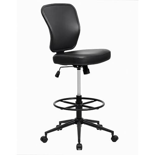 HYLONE Armless Tall Office Chair Adjustable Height Leather Drafting Chair No Arms Counter Height High Office Chair for Standing Desk Rolling Stool Chair with Footrest