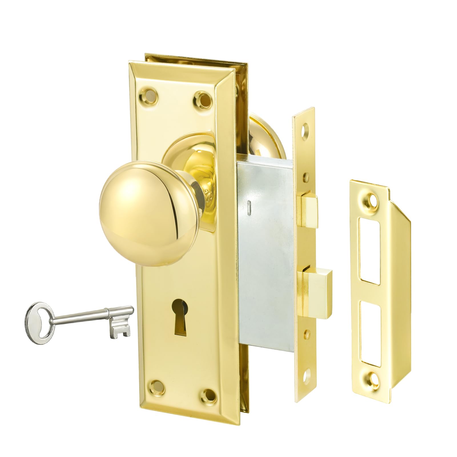 Newliplace 3 Pack Mortise Lock Set for Interior Door, Antique Door Knobs Gold Door Knob with Lock and Key, Vintage Mortise Keyed Lock Set