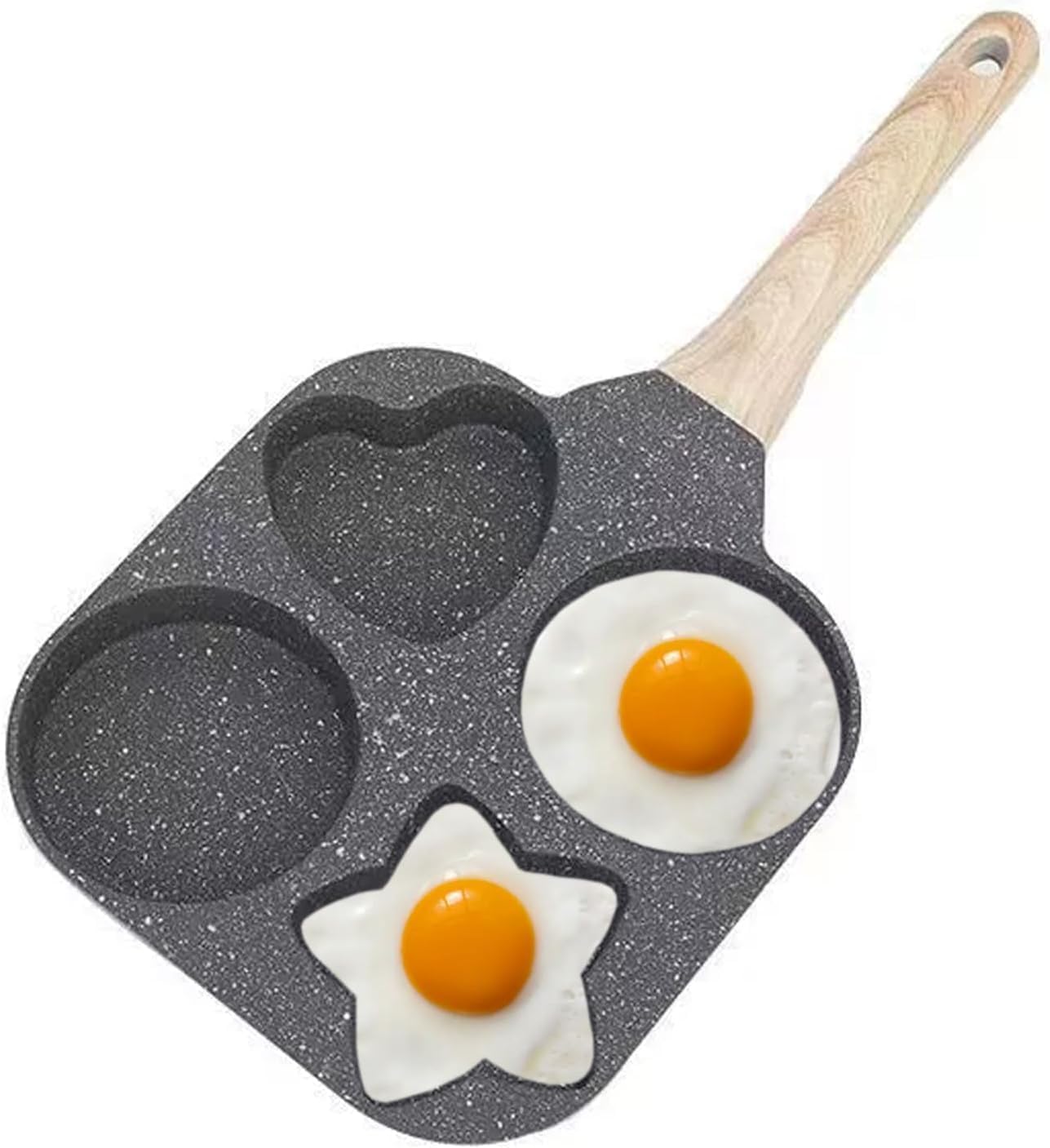 Pancake Maker, 4-Cup Egg Frying Pan with Wooden Handle Star & Heart Granite Mini Egg Cooking Pan for Breakfast, Pan Skillet Suitable for Gas Stove & Induction Top 1Pcs