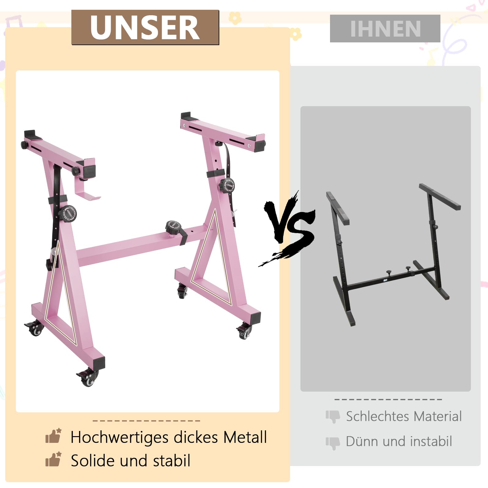 OUUTMEE Soporte para teclado, ruedas, soporte para teclado, forma de Z, ajustable, con riel deslizante, fácil de usar (Z-Rosa) | Con ruedas, fácil de usar, rango de altura: 55 – 87 cm, con soporte para auriculares, adecuado para ejercicios y actuaciones