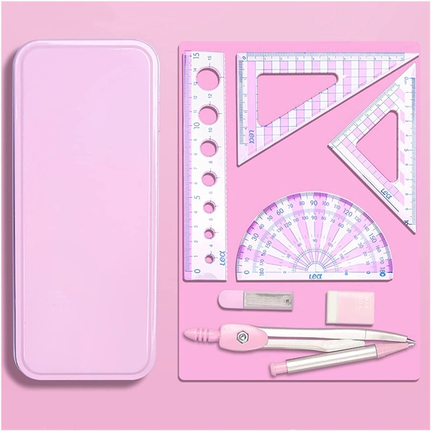 AKAZI Kompass-Set Multifunktionale Kompasse – Zirkel Lineale Radiergummi Mathe-Set Schule Zeichenwerkzeug-Set for Studenten Büromaterial (7PCS) Geometrie-Set (Color : Pink) (Pink)