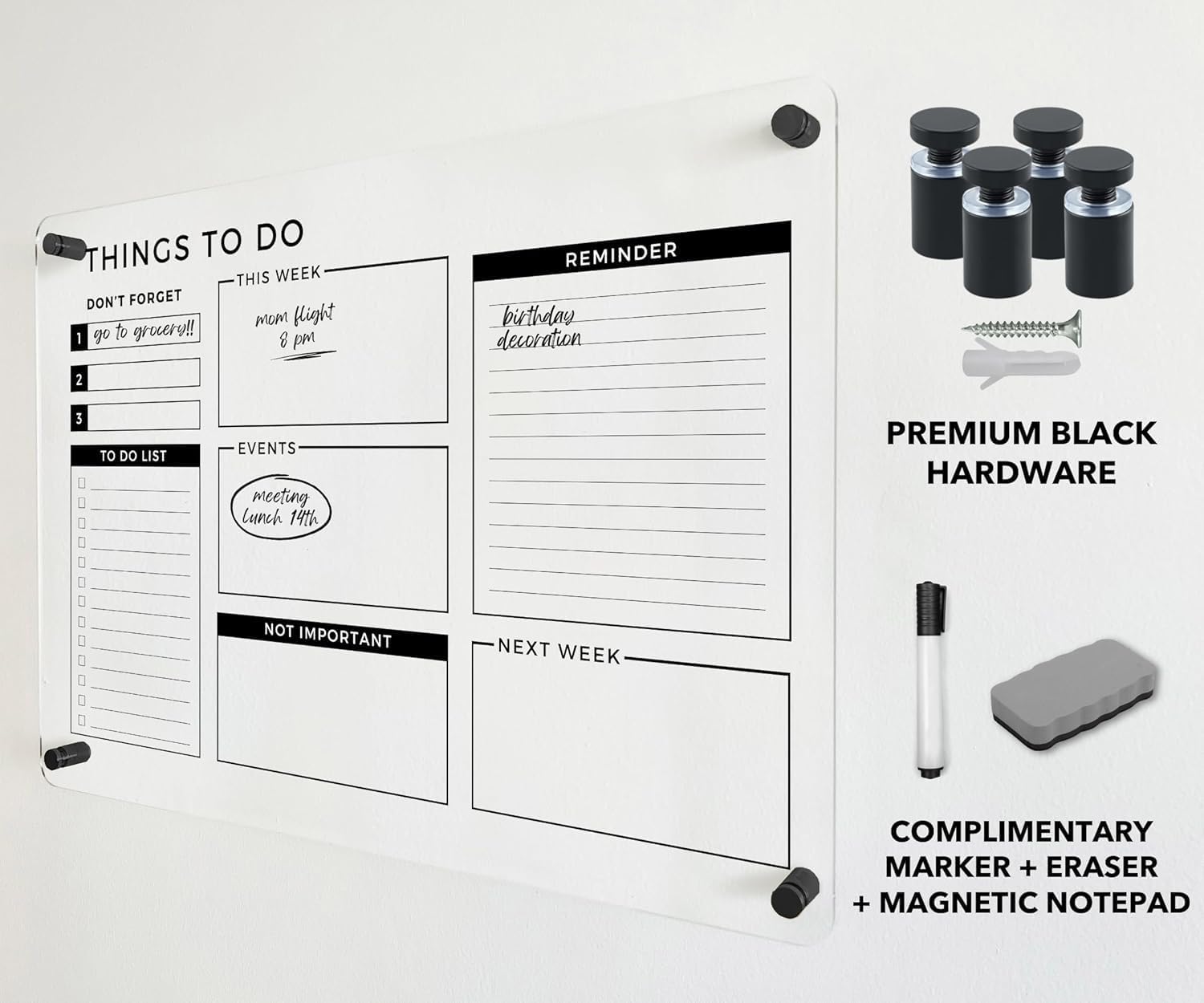 Acrylic Premium Wall Planner - Large Glass Calendar for Wall - to Do List Reminder - Large Dry Erase Board - Reusable Board for Office and Home - Dry Erase Board (Black Standoff, 18"x14" (Small))