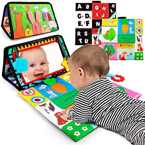 beetoy Tummy Time Mirror Toys, High Contrast Sensory Toys for Babies Activity Montessori Newborn Toys with Crinkle Cloth Book & Teether for Foldable Baby Toys 0 3 6 Months