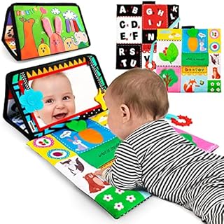 beetoy Tummy Time Mirror Toys, High Contrast Sensory Toys for Babies Activity Montessori Newborn Toys with Crinkle Cloth Book & Teether for Foldable Baby Toys 0 3 6 Months