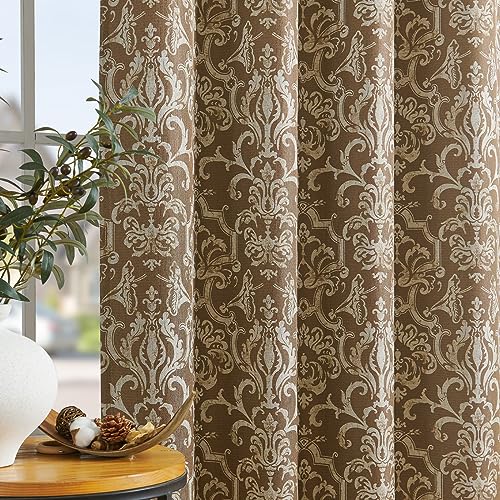 jinchan Room Darkening Curtains for Bedroom Brown Damask Patterned Curtains 63 Inch Length for Living Room Linen Textured Vintage Drapes Medallion Win
