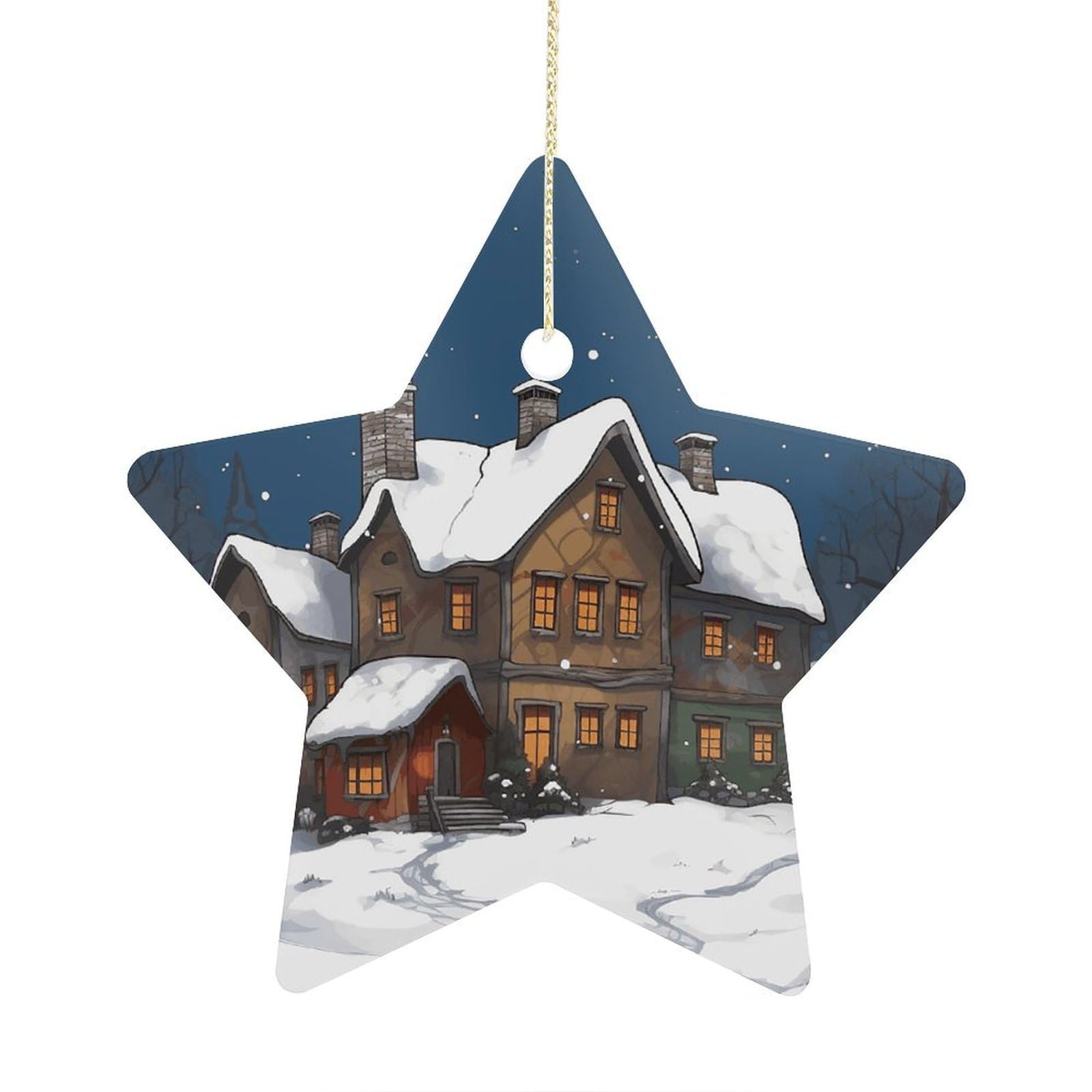 Winter House Stars Ornaments Ceramic Christmas Tree Hanging Light in Weight Christmas Star Pendants Funny Double-Sided Printed Xmas Ornaments for Gifts
