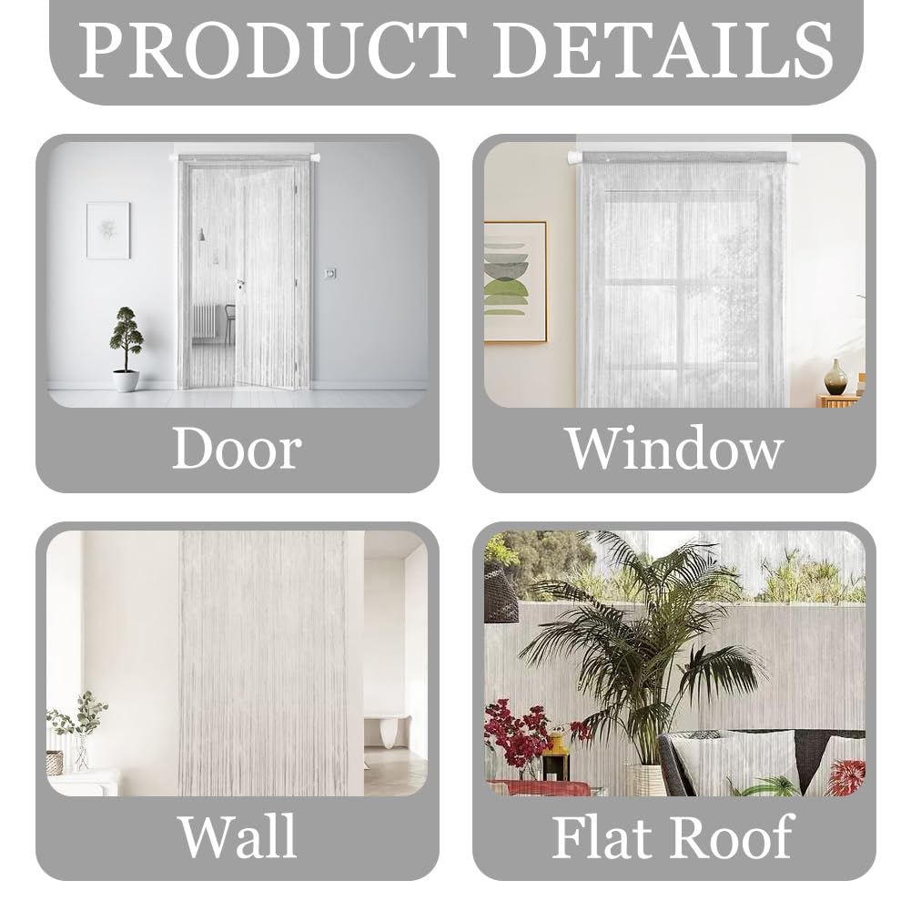 4 tende a fili per porta, con glitter, 100 x 200 cm, per porta a fili, per balcone, camera con frange, adatta per matrimoni, caffè (grigio argento)