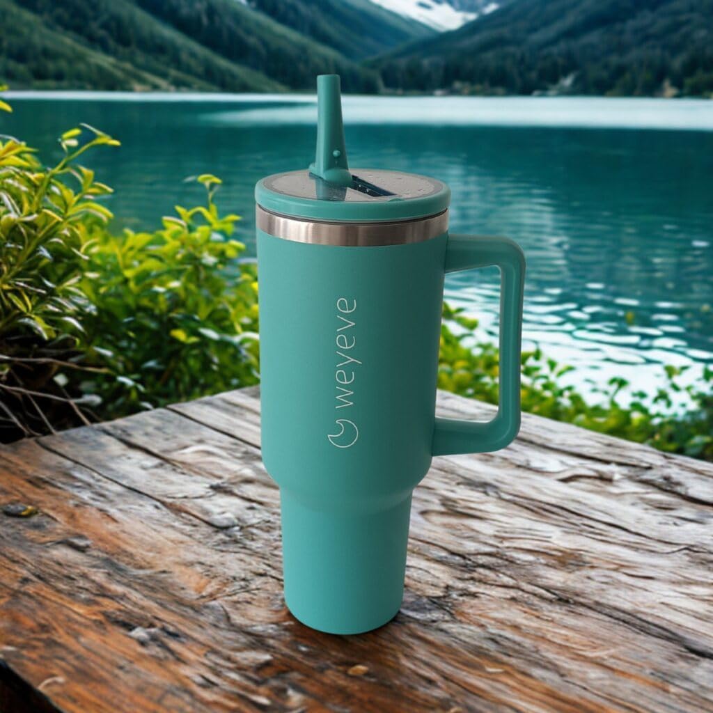 40oz Tumbler with Handle, Flip Straw, and Leak-Proof Lid – Stainless Steel Double Wall Insulated Travel Mug (Ocean Green)