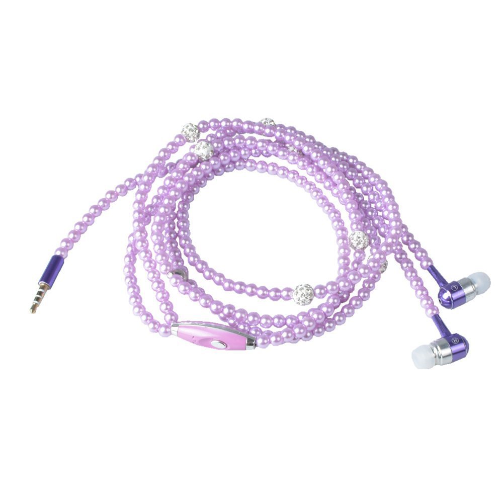 Fashionable Jewelry Pearl Necklace Earphones Headset with Mic Beads 3.5mm in-Ear Earbuds Wired Headphone for iPod, iPhone, Android, BlackBerry, Mp3 Player and All 3.5mm Audio Devices (Purple)