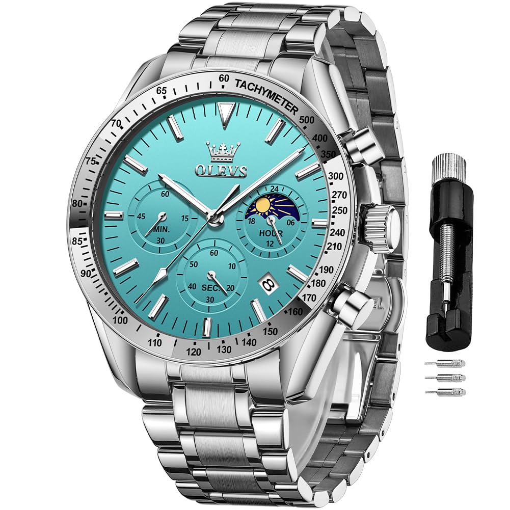 Men Skeleton Watches Stainless Steel Analog Quartz Moon Phase Male Watch, Diamond Multi Calendar Chronograph Watch,Waterproof Wrist Watch for Men