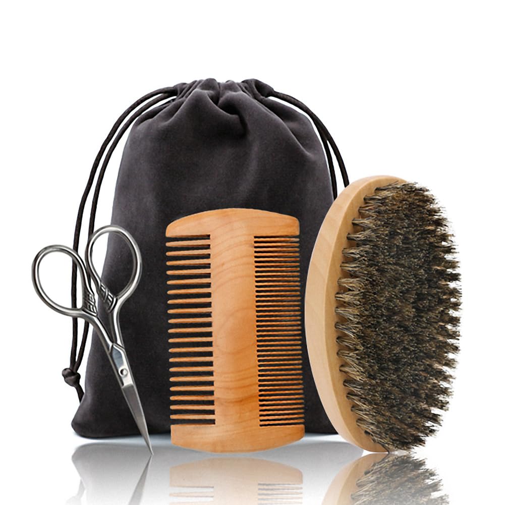 Hair Dough Beard Brush & Comb, Scissors Set for Men, Set Includes Soft Boar Bristle Brush, Bamboo Wide Tooth Comb, and Mustache Trimming Scissors, Straighten & Soften Your Beard 1 Sets