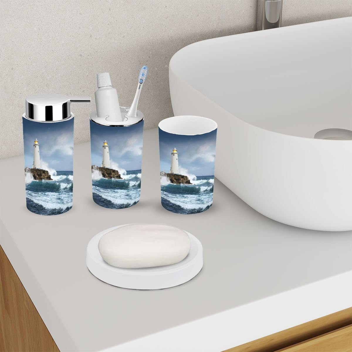 Bathroom Accessory Set 6 Piece White Lighthouse Cliff Toothbrush Holder, Toothbrush Cup, Soap Dispenser, Soap Dish, Toilet Brush Holder, Trash can, aibsGFawtj8nw-6j