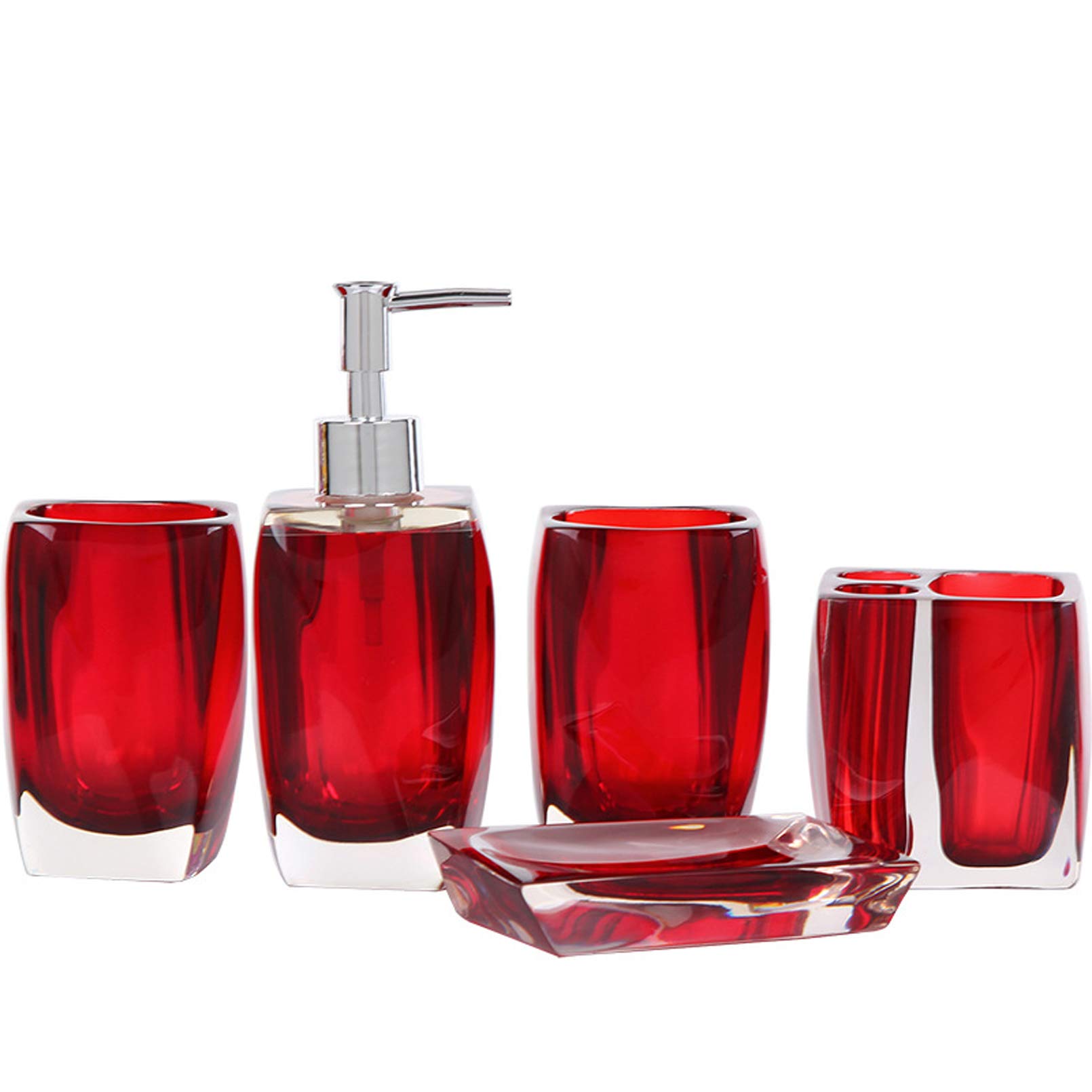 Cutfouwe Accesorios De Baño De 5 Piezas Conjunto De Baño Conjunto De Baño Accesorios De Baño Conjunto Accesorios De Baño De Resina, 2 Tazas De Cepillo De Dientes, Titular De Cepillo De Dientes,Rojo