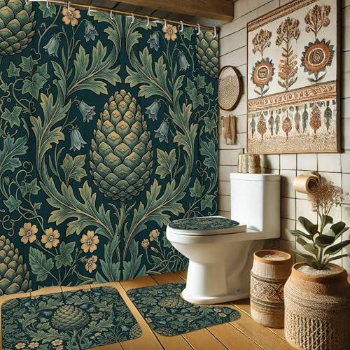Rideau de douche automne bleu sarcelle avec imprimé pommes de pin - 2