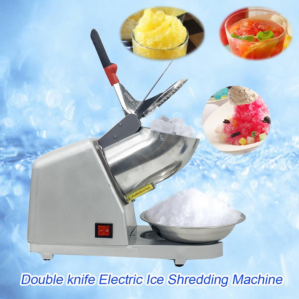 Elettrico Tritaghiaccio,Tritaghiaccio a Doppia Lama 300W, con Ciotola in Acciaio Inossidabile,Cono della Neve del Ghiaccio di Tritaghiaccio,per Bar e Ristoranti(Bianco Argento)