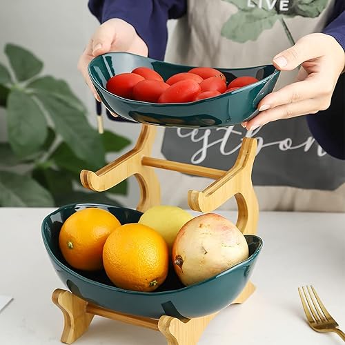 Miniatura 10 de Mangoton Cesta de frutas de 2 niveles, frutero para encimera de cocina, cesta de frutas de cerámica para cocina, organizadores de cocina, caqui