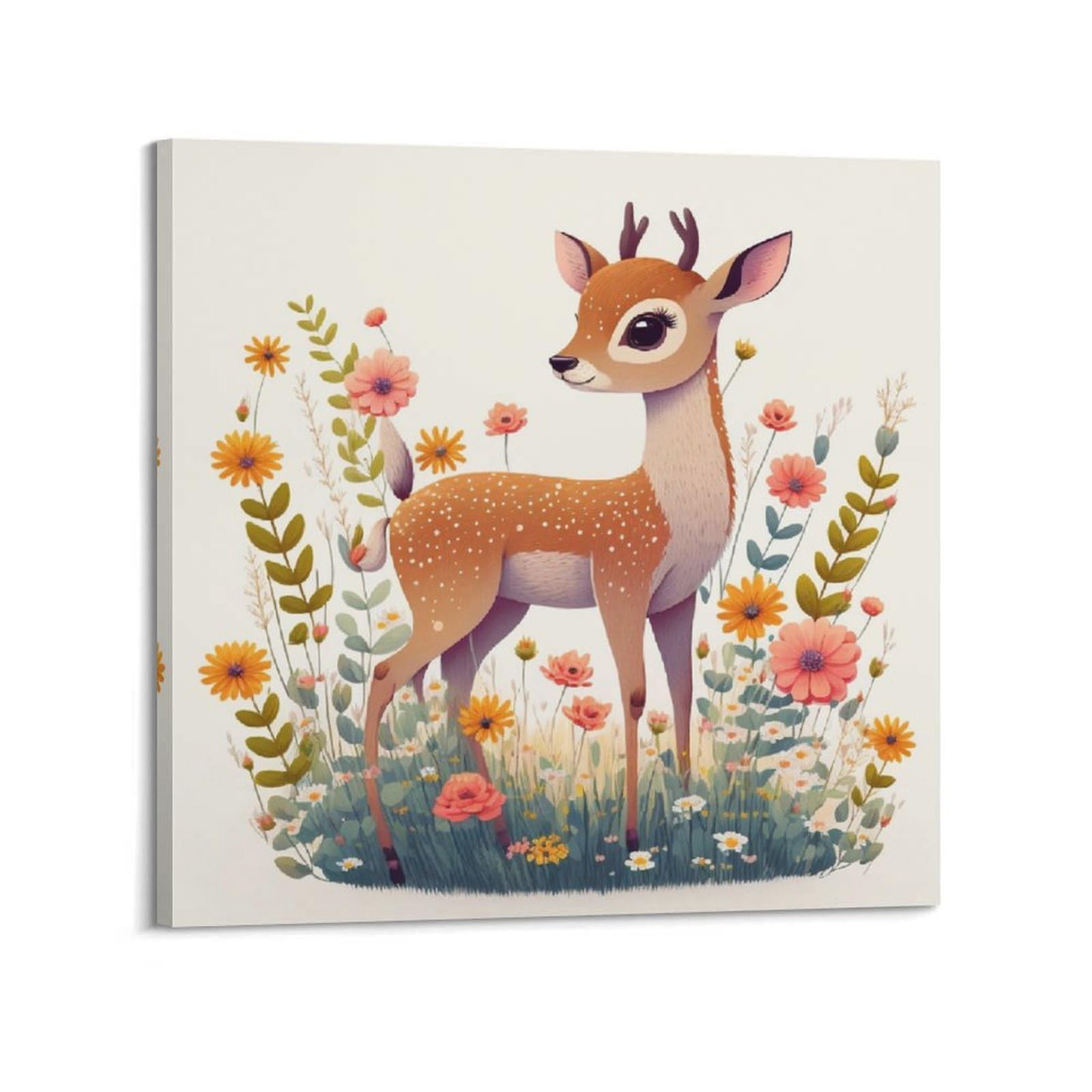 Xkuga Boys Frame-Style Cartoon Animal Poster Habitat Wildlife Kawaii Healing Deer Modern Decorative Canvas Prints - Ideal Wall Art For Family, Man Cave, Game Room, & Girls Bedroom 24X24inch(60X60cm)