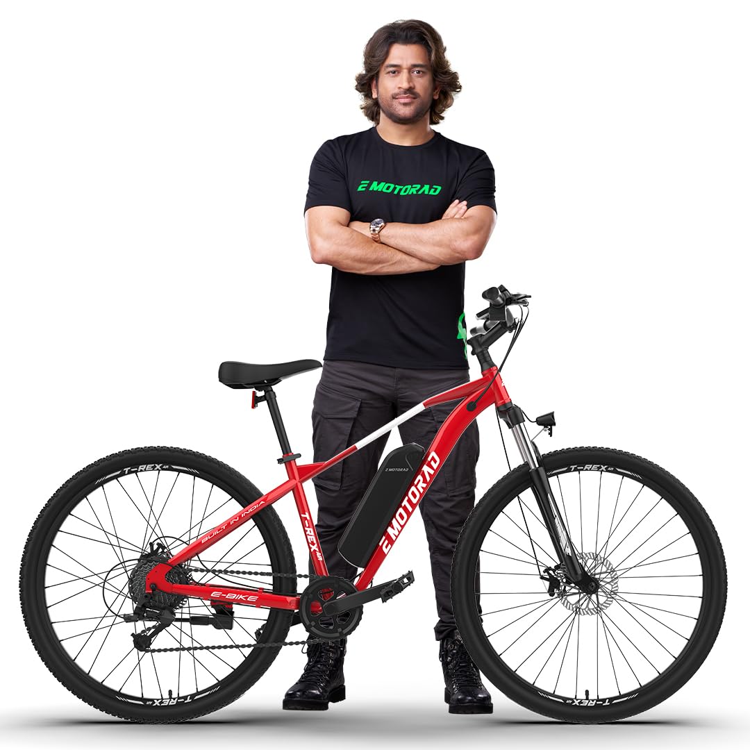 E MOTORAD - RIDE THE ELECTRIC REVOLUTION T-REX AIR Unisex Electric Bicycle 29" Wheel Size 16.5inch Frame 250W BLDC Motor Front Suspension 7 Speed Shimano Gears (Metallic Red, 16.5inch Wheel)