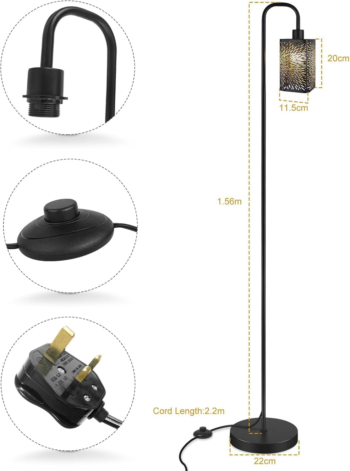 Lampa podłogowa do salonu, nowoczesna czarna lampa stojąca z rzeźbionym metalowym abażurem w kształcie fajerwerków, wysoka lampa podłogowa w stylu industrialnym z przełącznikiem nożnym do sypialni i