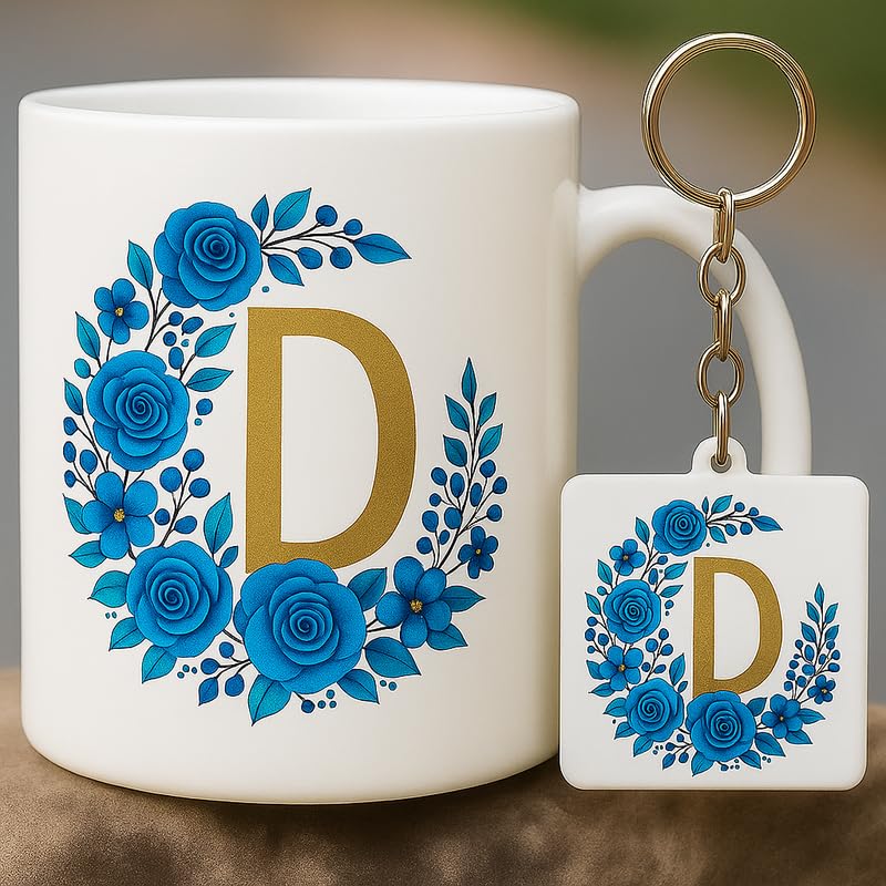 Choicecases Alphabet D Coffee Mug with Matching Keychain | Floral Blue Initial Mug Gift Combo | Ceramic Printed Mug for Birthday, Anniversary & Daily Use