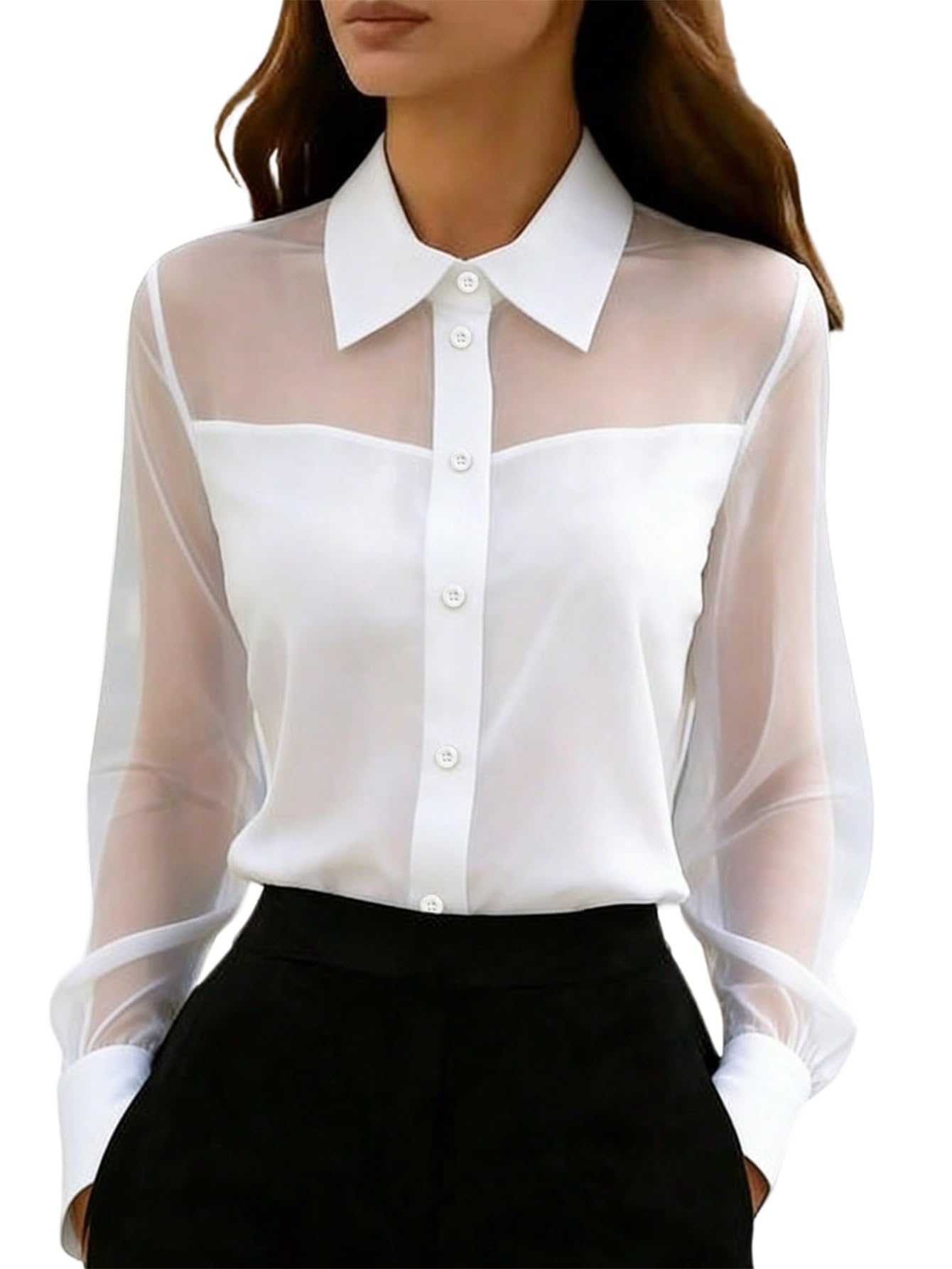 GORGLITTER Camicetta da donna elegante in rete, da ufficio, a maniche lunghe, con pendolo trasparente, slim fit, camicia da ufficio