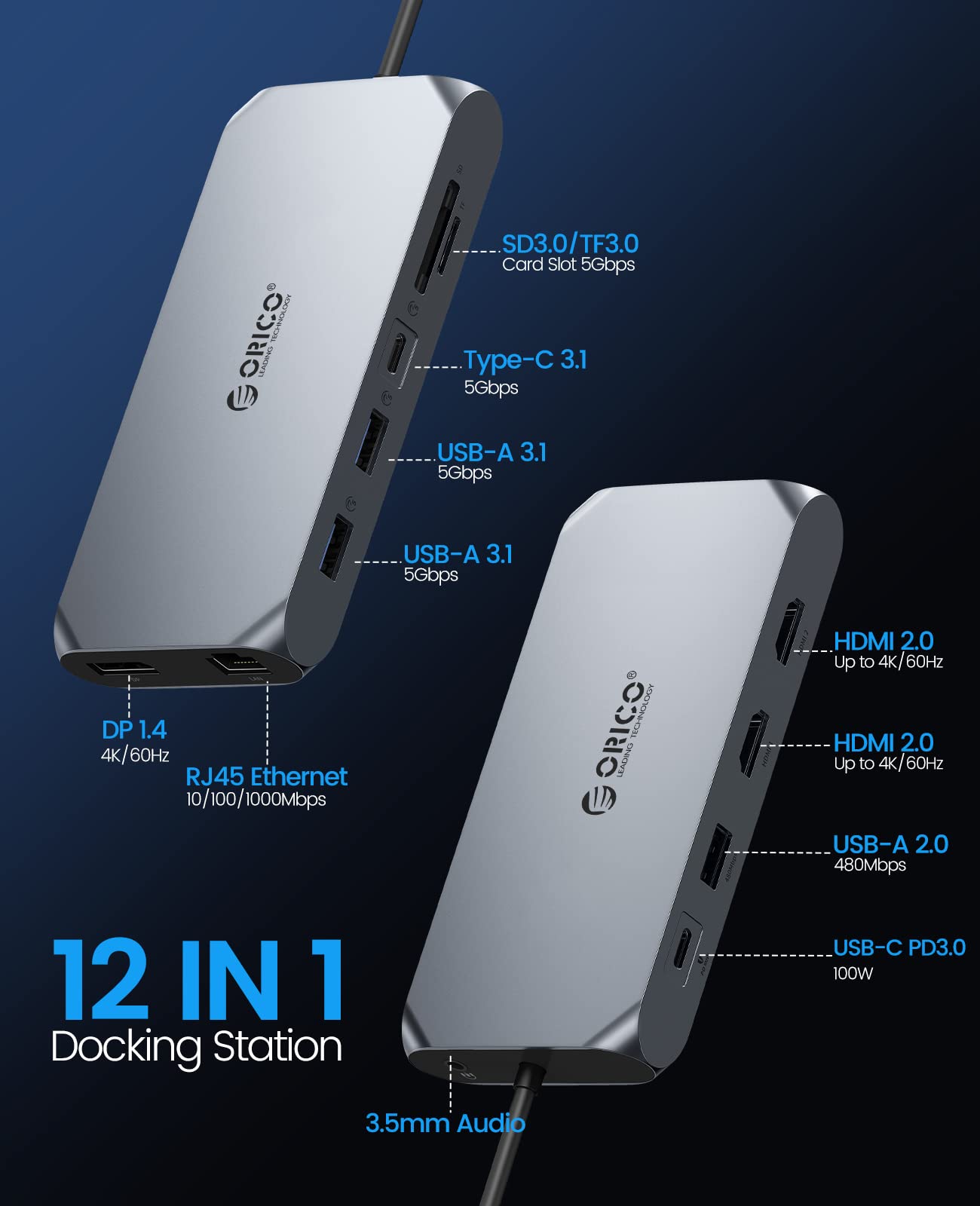 Station d'accueil Hub USB, ORICO Docking Station, Adaptateur USB C, avec Double HDMI 4K, DP 4K @ 60 Hz, 100 W, Ethernet 1 Gbps, 3 Ports de données USB 3.0, Lecteur de Carte SD et microSD