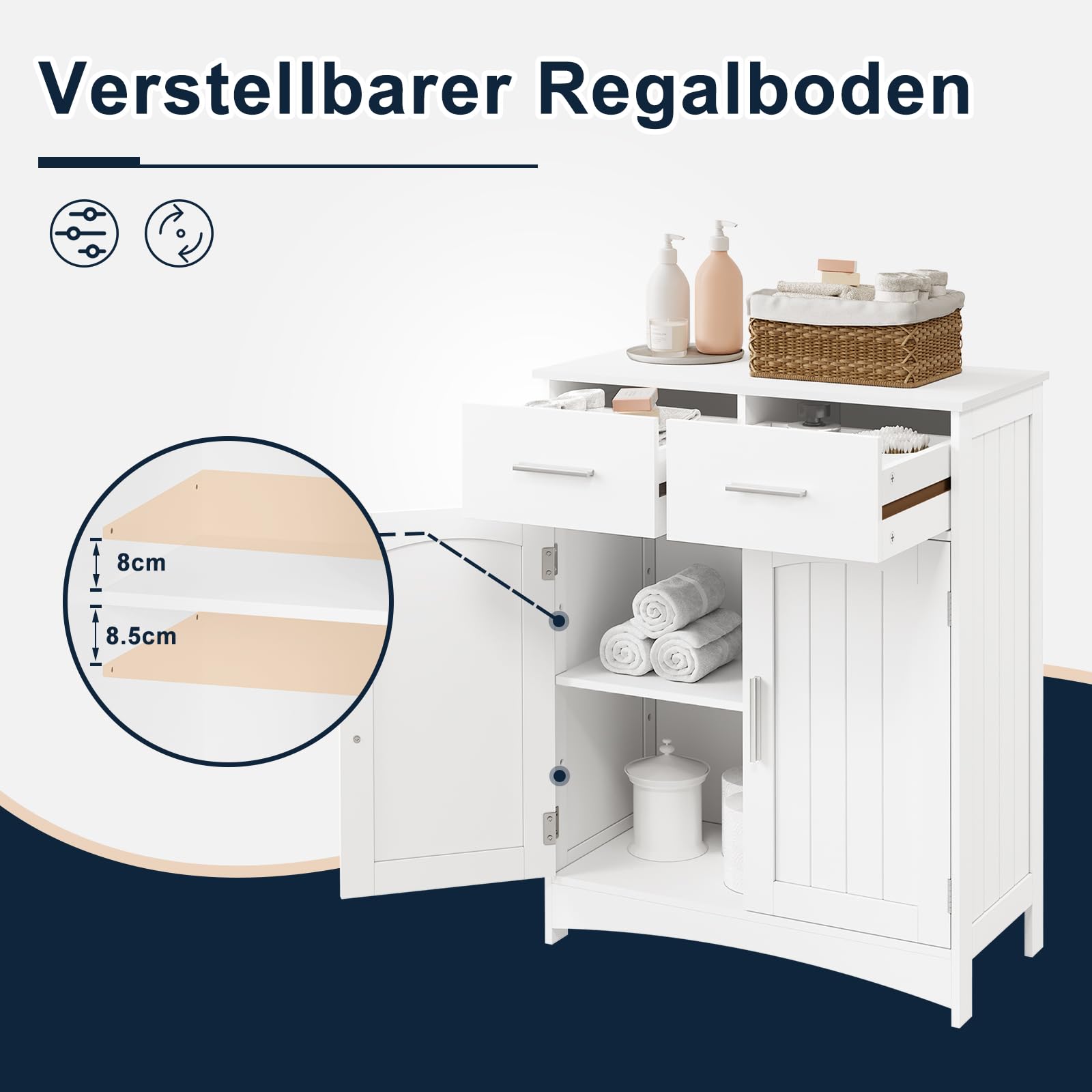 EUGAD Badezimmerschrank Badschrank Beistellschrank Kommode Mehrzweckschrank, mit 2 Schubladen Doppeltür, verstellbare Ablage, aus MDF, Weiß, 60x76x30 cm