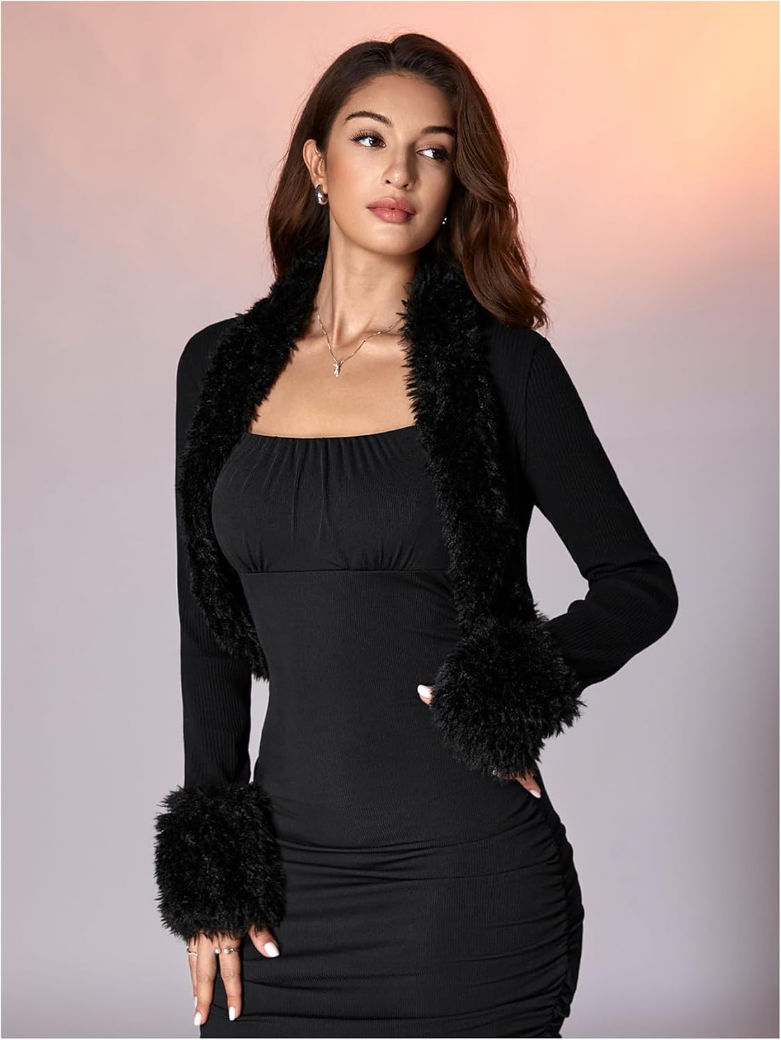 MakeMeChic Women's Faux Fur Open Front Coat Valentines Fuzzy Long Sleeve Crop Jacket Outerwear - Image 4