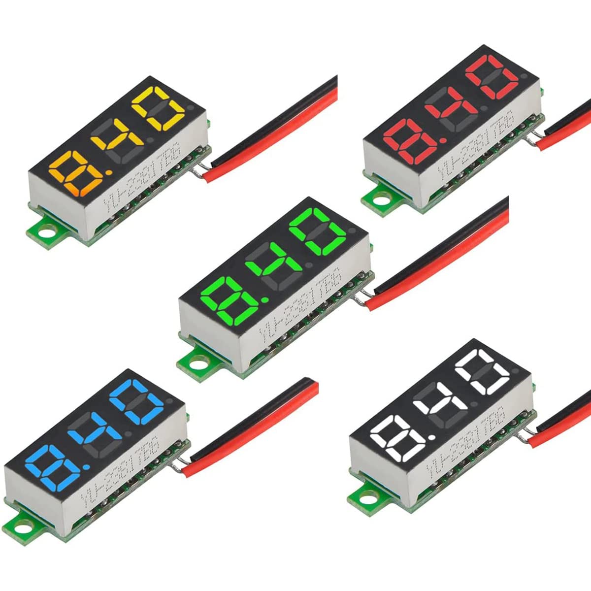Greluma 5 Pezzi Mini voltmetro DC digitale da 0,28", misuratore di tensione del voltmetro DC a due fili da 2,5 V-30 V - 5 colori
