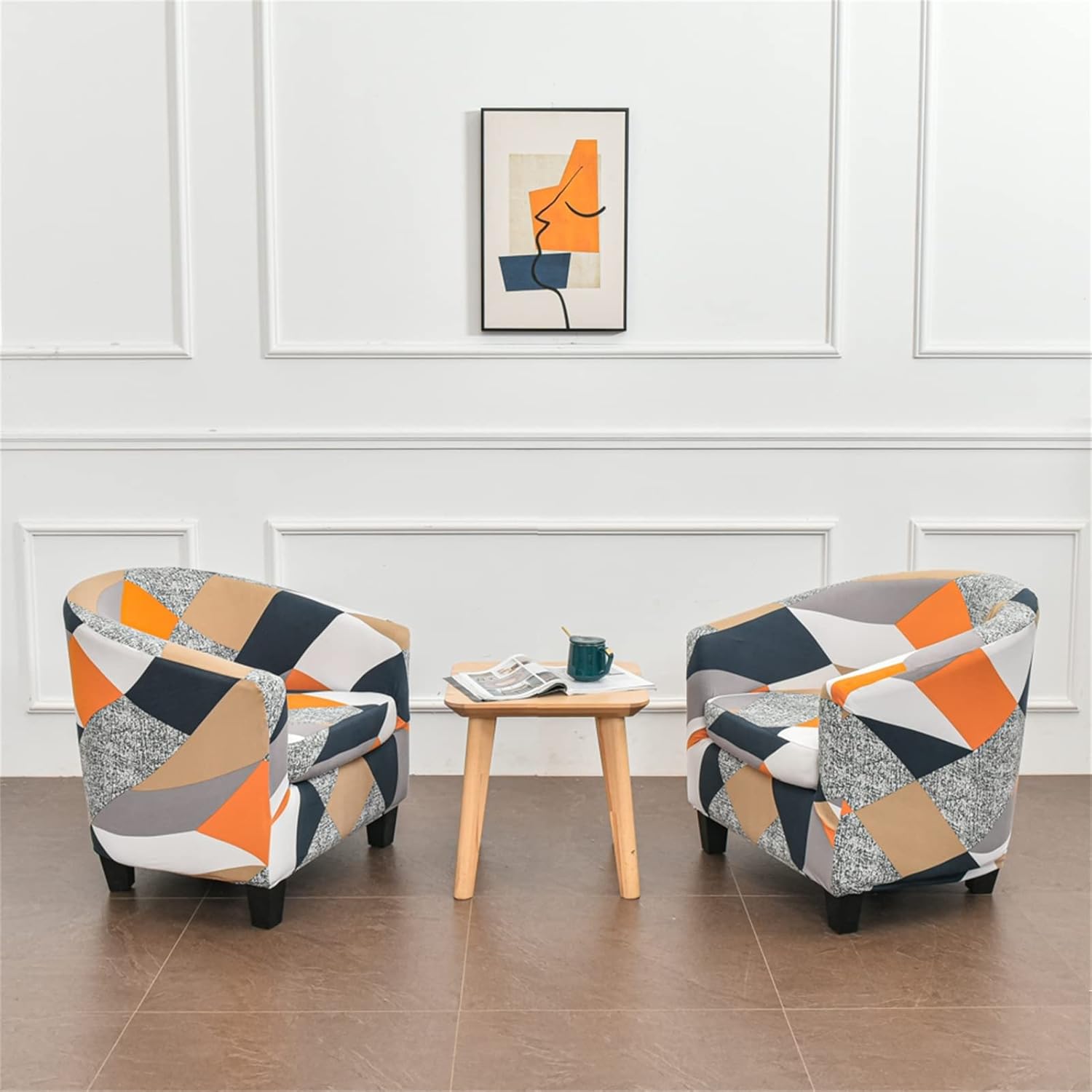 Stretch Club Chair Slipcover, 2-Piece Tub Chair Cover Printed Barrel Chair Slipcover with Elastic Bottom, Non Slip Armchair Covers Furniture Protector for Bar Counter Living Room (Orange/Grey)