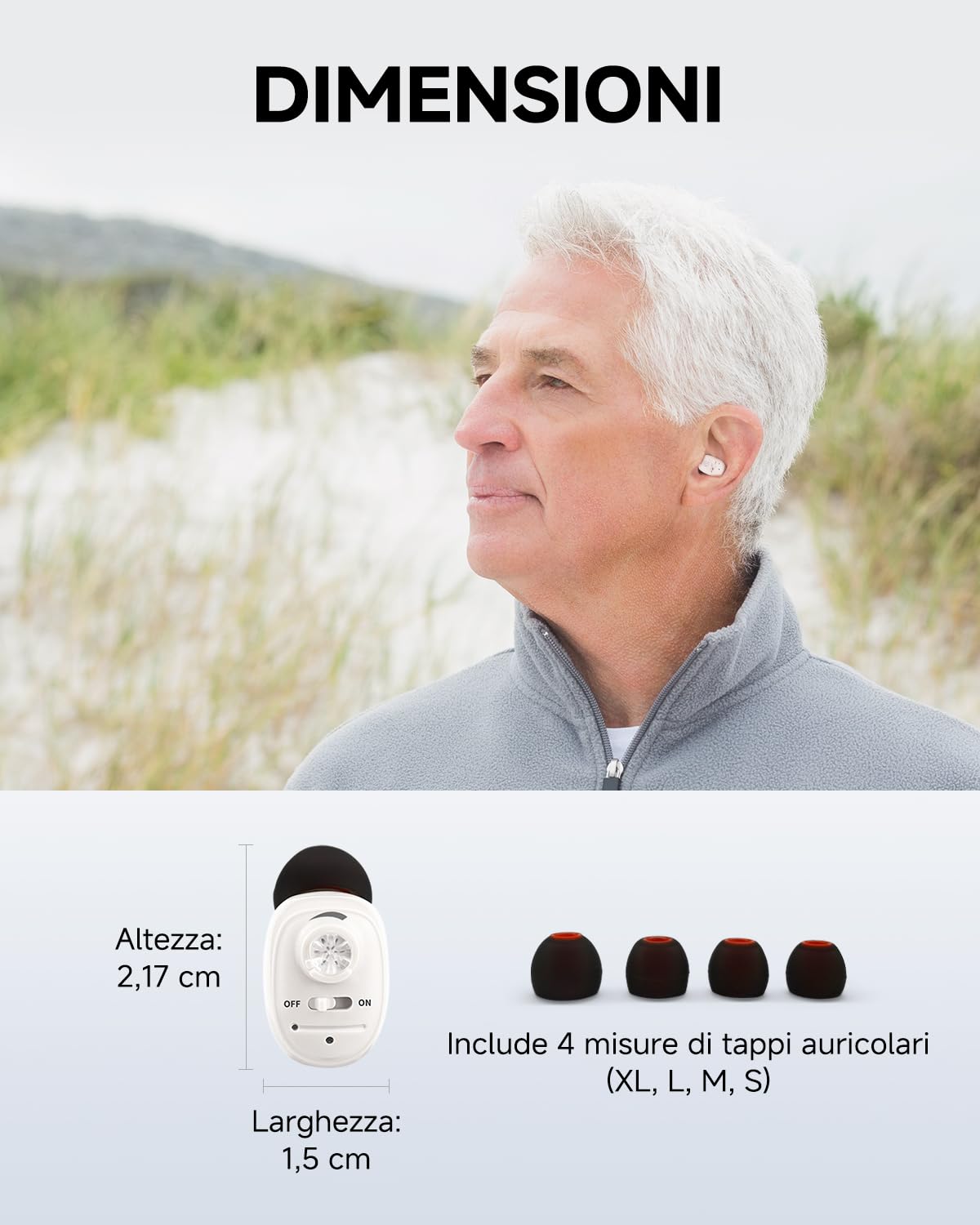 Britzgo Amplificatore Acustico VHP-1607 con Riduzione Intelligente del Rumore, Custodia di Ricarica Portatile, Design Ergonomico a L, Autonomia fino a 48 Ore e Ricarica USB (Bianco)
