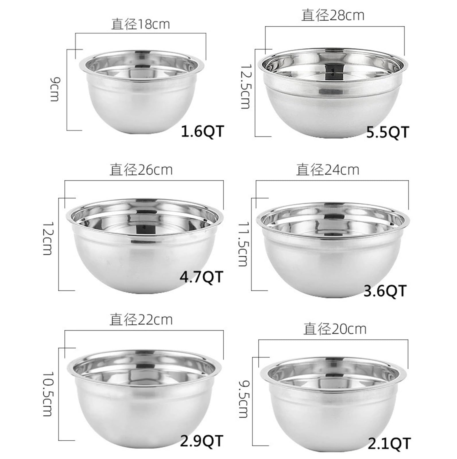 Cuenco de acero inoxidable Juego de 6 cuencos acero inoxidable 1,5 a l capacidad, for mezclar, cocinar, ensaladeras y almacenar verduras alimentos