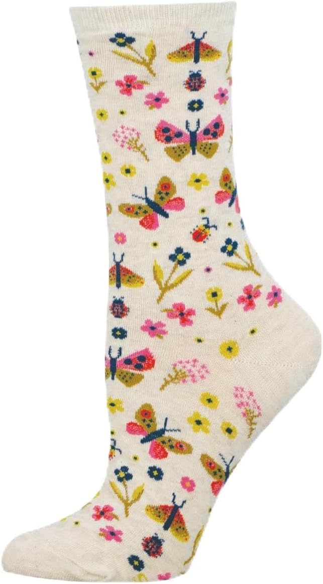 Socksmith Women's Butterfly Floral Crew Socks, Ivory Heather