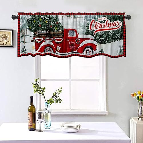 54x18 Inches Merry Christmas Red Truck Window Valance Winter Forest Snowscape Holiday Home Kitchen Dining Room Decoration Polyester Fabric Supplies