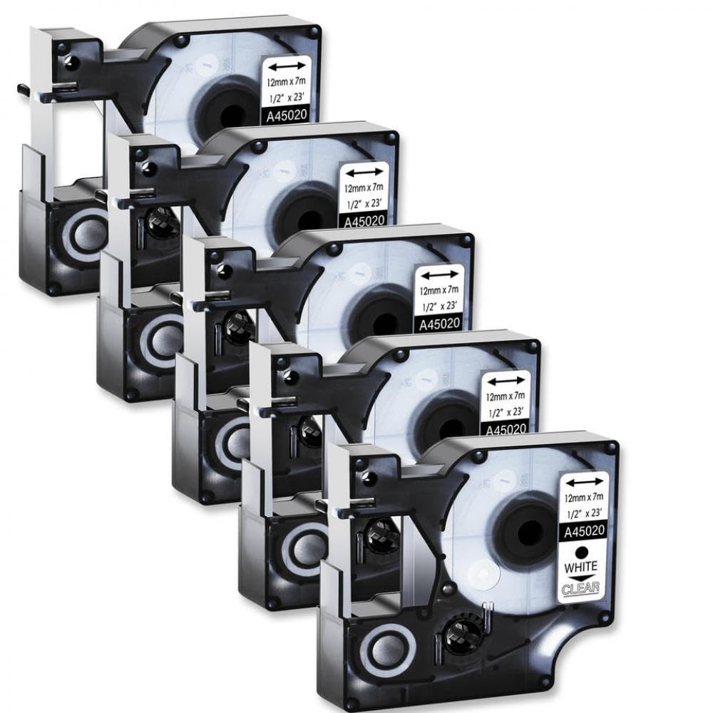 5 pezzi da 12 mm nastro etichetta compatibile con D1 45020 standard bianco su trasparente per etichetta 100 120p 150 260p 280 compatibile