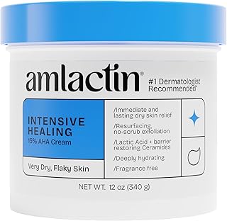 AmLactin Intensive Healing - Therapeutic Body Cream for Extremely Dry Skin - No-Scrub Exfoliator and Body Moisturizer Cream with 15% Lactic Acid AHA and Ceramides, 12 oz (Packaging May Vary)